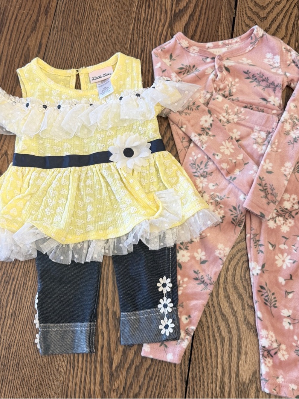 Little Lass Yellow Daisy Ruffle Tunic Denim Set PLUS Pink Outfit Sz 18m DBB
